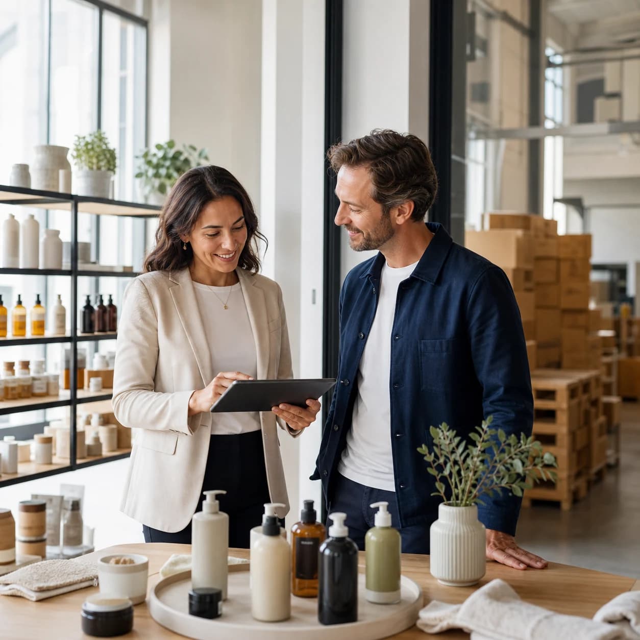A brand manager and CommerceYard account manager reviewing products together